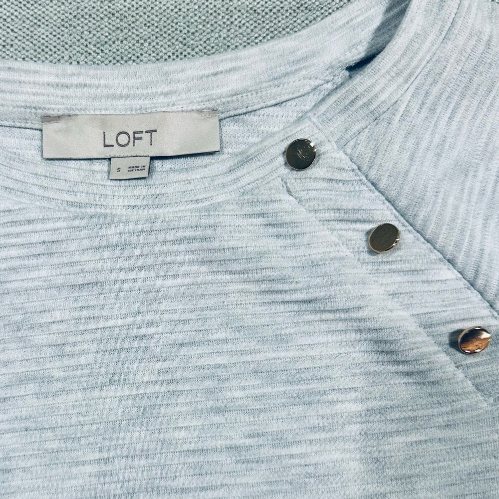 LOFT Gray Striped Top with Gold Buttons and Ruffle Bottom - Picture 3 of 5